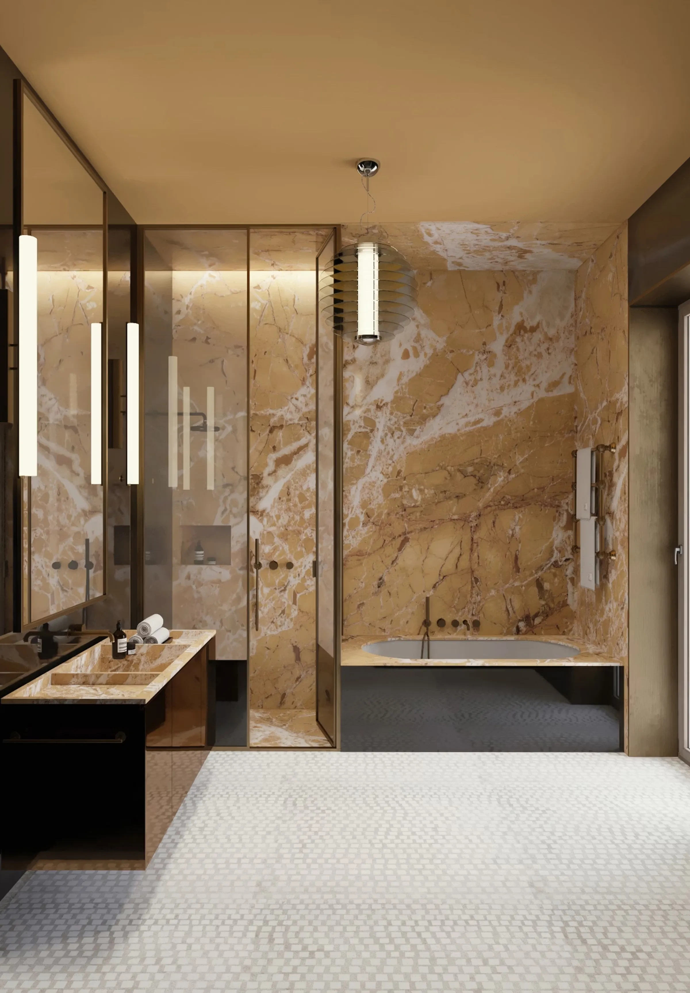 Bagno di lusso in Giallo Siena lucido e Taj Mahal nel centro storico di Milano - rivestimenti a macchia aperta e vasca da bagno, progetto LC Atelier x Trapattoni Marmi
